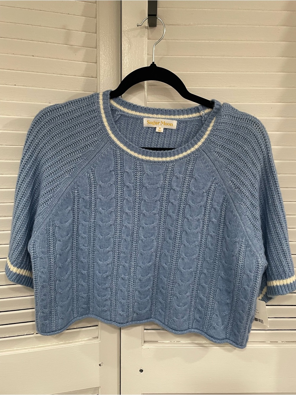 Sugar moon Sky Blue Cable-Knit Crewneck Sweater with Cream Trim